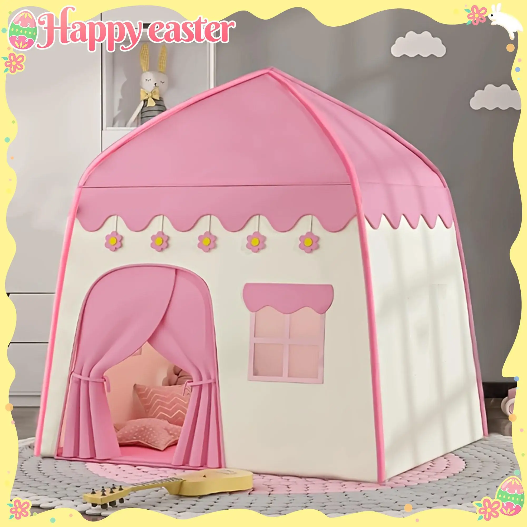 Tente pour enfants princesse. Une maison de jeu sur le thème des jeux de rôle en rose et bleu, adaptée à une utilisation intérieure et extérieure.
