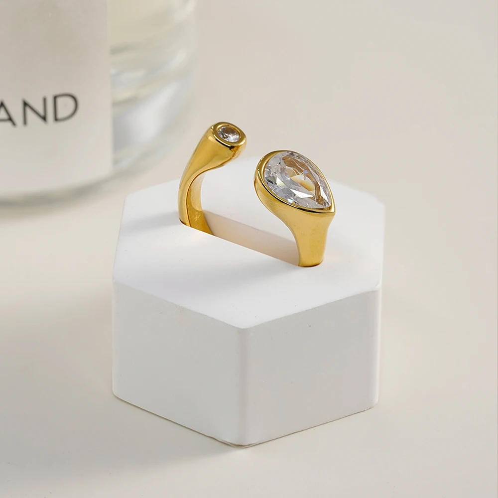 ENFASHION Anillos Mujer Rain Drop Zircon Open Ring For Women Stainless steel 18K Plated Gold High Street Fashion Jewelry R254576