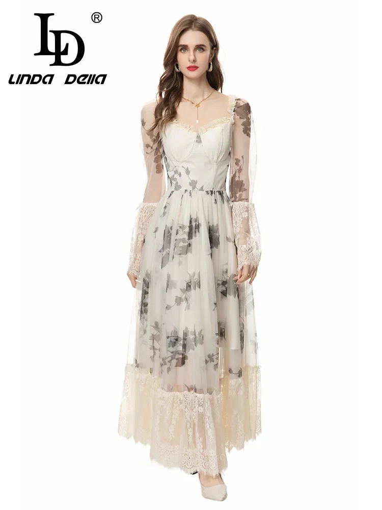 

LD LINDA DELLA 2024 New Style Runway Designer Temperament Dress Women's Cutout Lace Trim Hem Net Yarn Print Backless Dresses