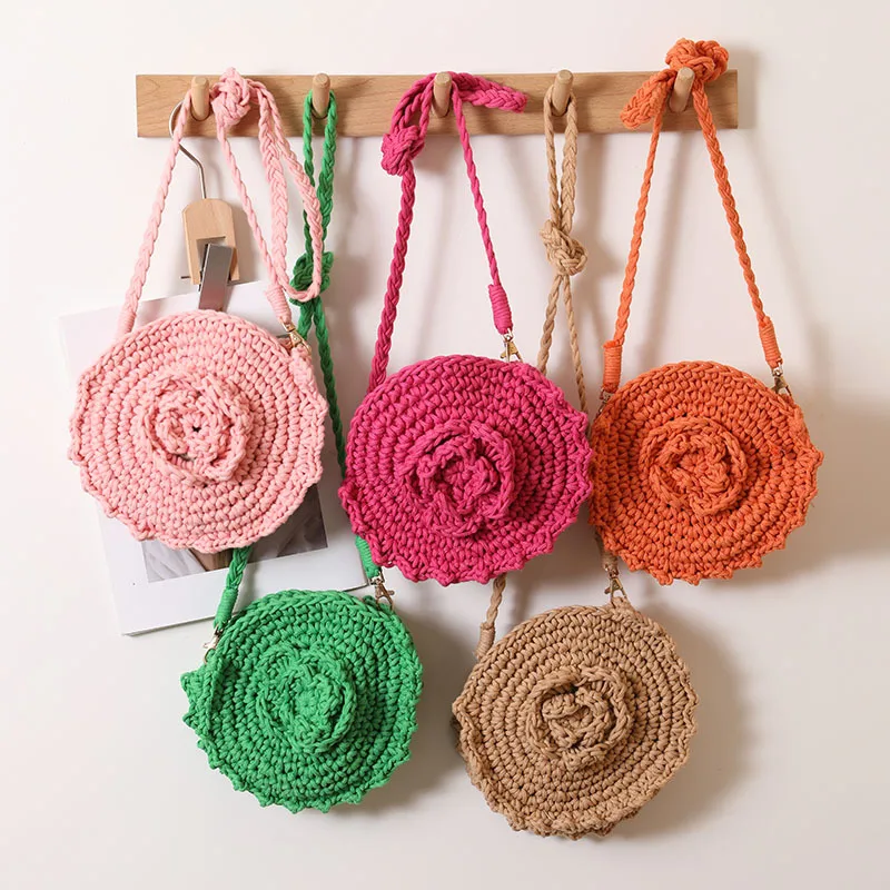 

Crochet Rose Women Shoulder Bag Cotton Thread Knitting Purses and Handbags Flower Woven Crossbody Bag Travel Beach Bags 2025 NEW