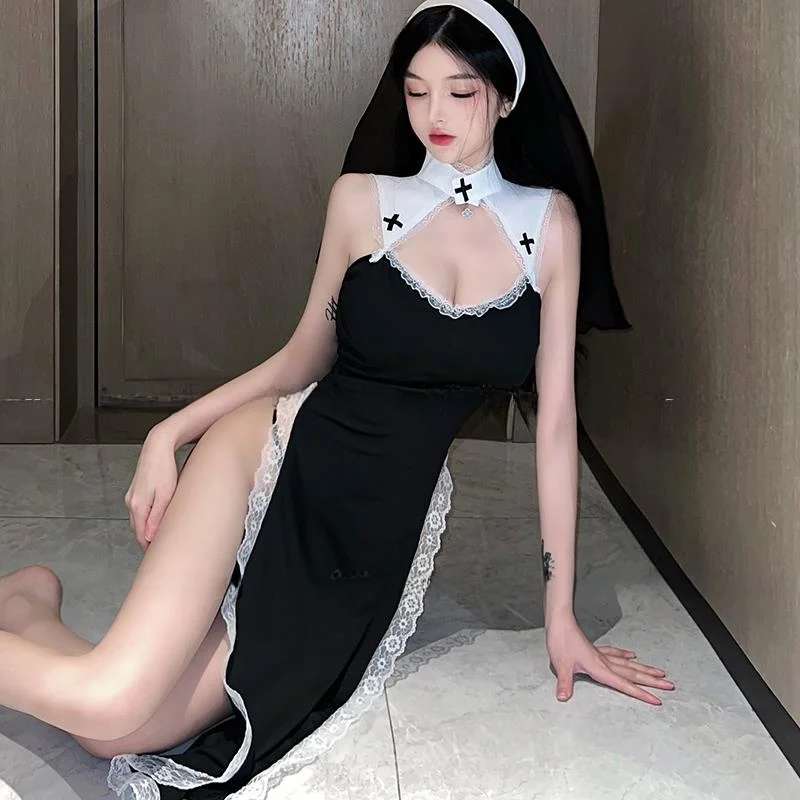 

Phment Nun Sexy Transform Cos loween orm High Slit Lace Dr Sweet Pure Color Женский Dr Китайский производитель