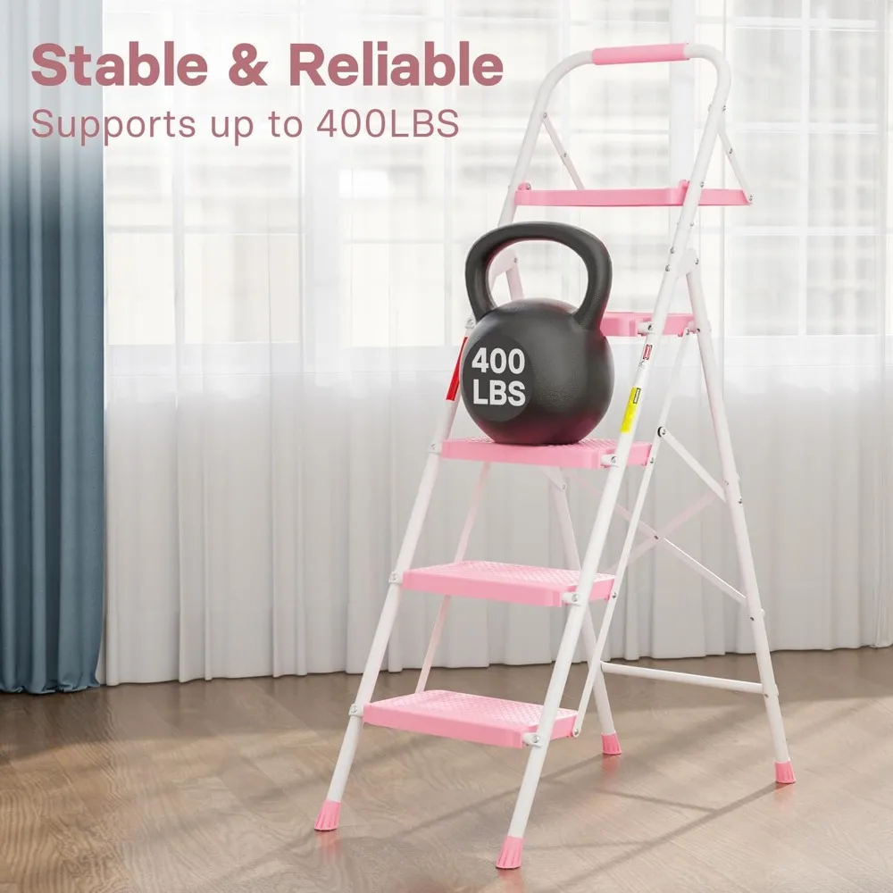 Escalera plegable con bandeja para herramientas, capacidad de 400 libras, pedales antideslizantes, ligera, portátil, construcción de acero resistente, ideal f