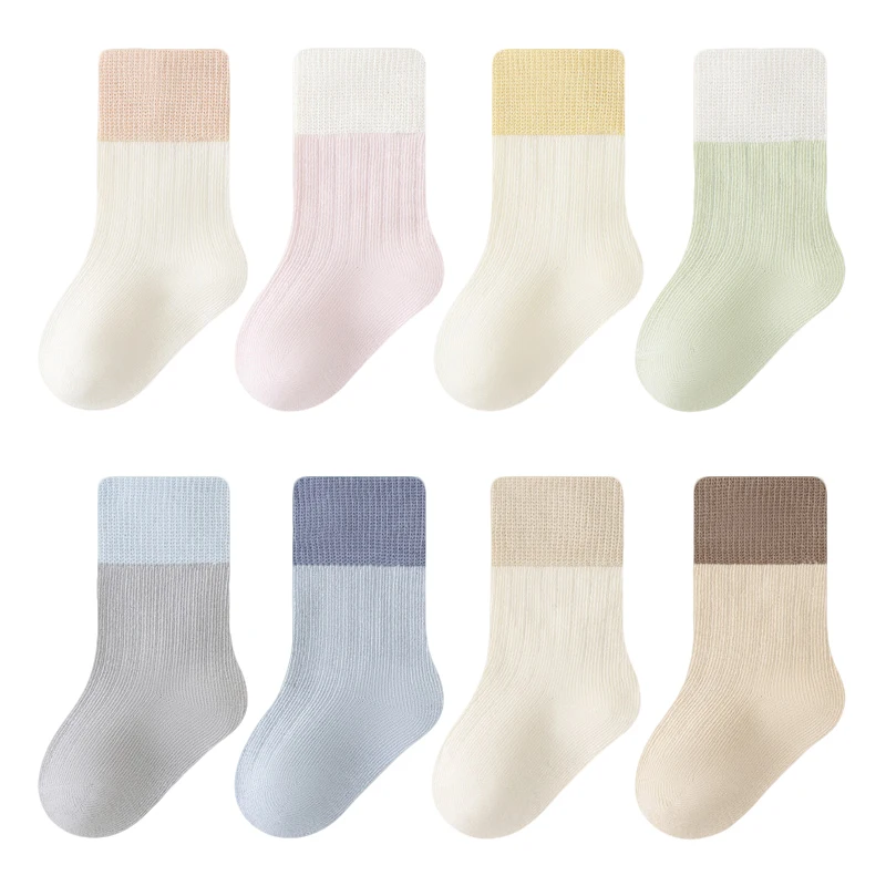 4 Pairs Set  Baby Socks Color Block Soft Cotton Newborn Socks Mid Calf Toddler Socks for Baby Boys Girls Accessories