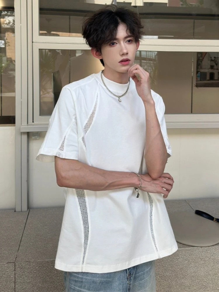 

Cleanfit Style Men's T-shirt White Deconstructed Mesh Patchwork Shoulder Pads Summer Short Sleeve Trendy Niche Designer Fashion