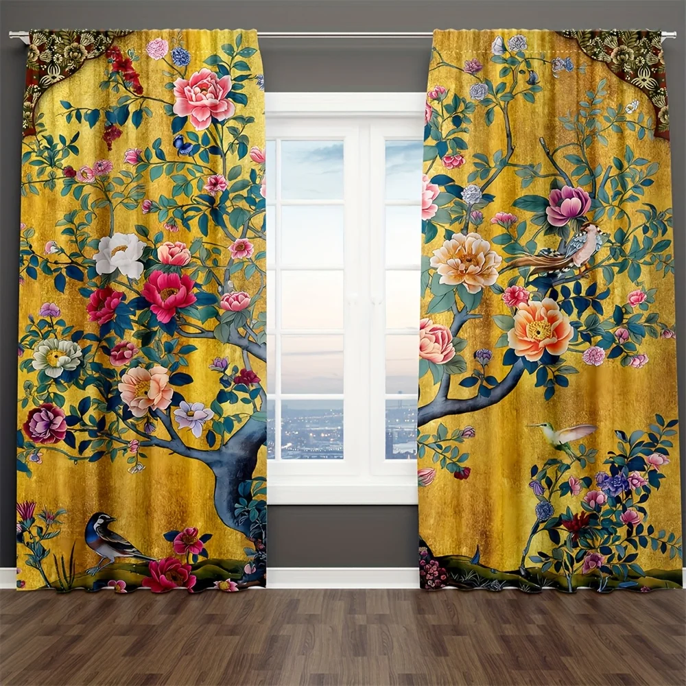 

2pcs Vintage Floral Tree of Life Curtains - Rod Pocket Window Drapes. Boho Peony Flower Blossom Spring Birds Window Drapes