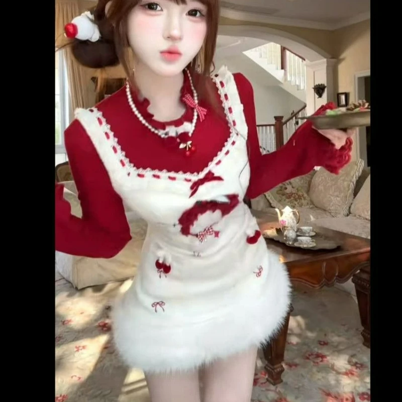 

Japanese Cute 2 Piece Set Women Red Sweet Slim Fit Tops White Print Plush Patchwork Bow Strap Dress Casual Vintage Princess Suit