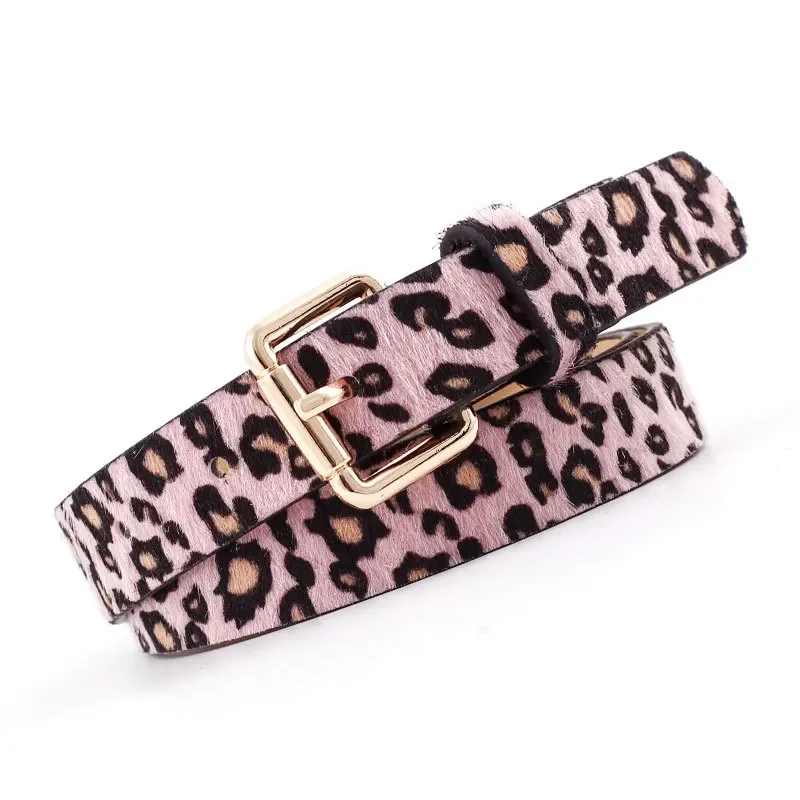 2023 Trendy Belt Women\'s Metal Buckle Pu Belt Leopard Pattern Horse Mane Belt Rose Gold Fashionable Fashion