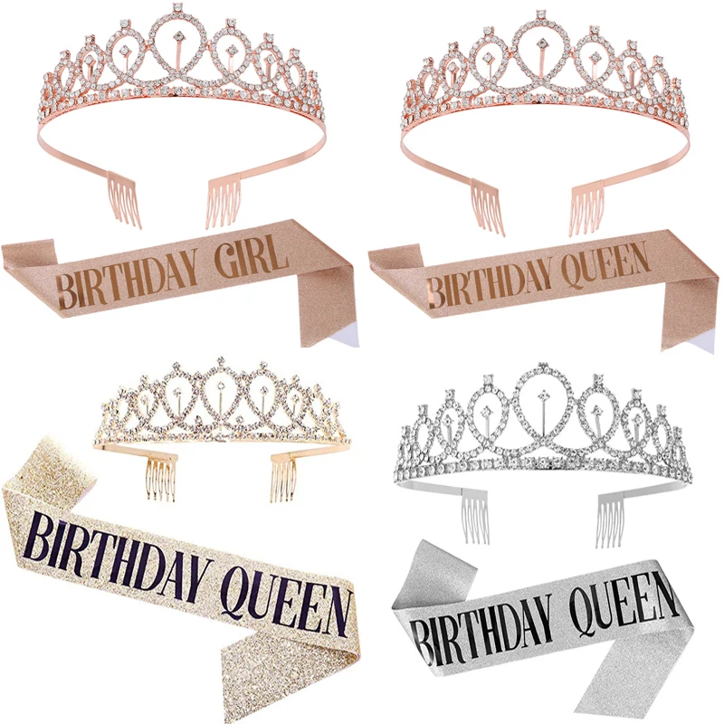 Birthday Queen Satin Sash Bling Rhinestone Crystal Crown Birthday Anniversary Decoration Happy 18 21 30 40 50th Birthday party