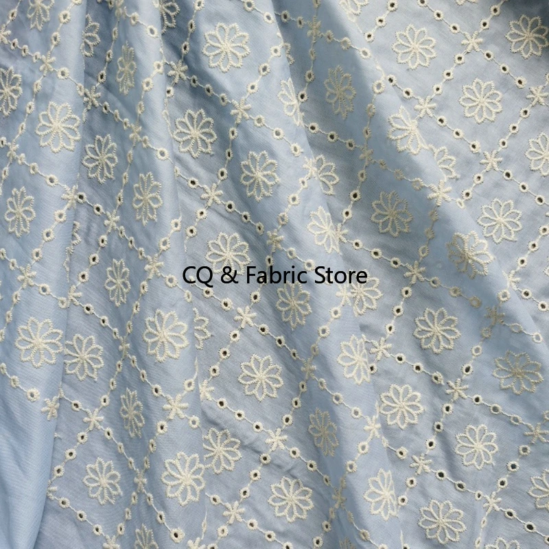 Good Quality Flower And Hollow Out Embroidery Sky Blue Cotton Fabric DIY For Table Cover/ Curtain / Clothes