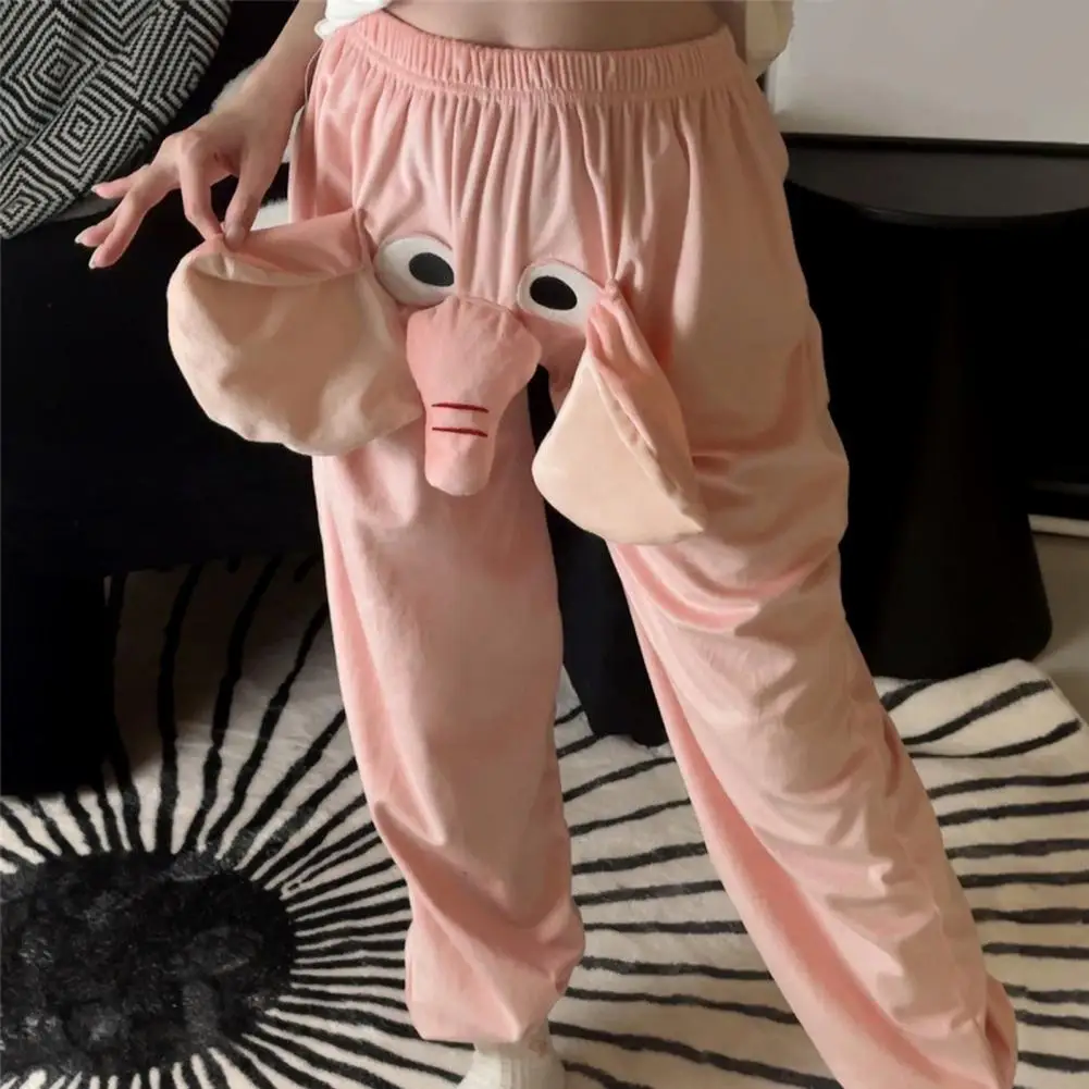 Cartoon Elephant Pattern Pajama Pants Wide Leg Design Women Men Lounge Pants Elastic Waistband Mid-Rise Pajama Bottoms