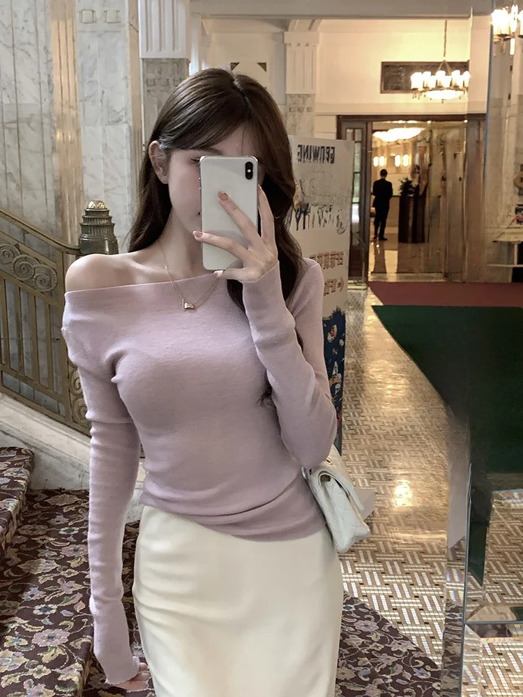 

Slim Fit Long Sve Wool Knitted Sweater Women's Spring Design Waist Cinching oulder Slope Top Base irt Korean Sle