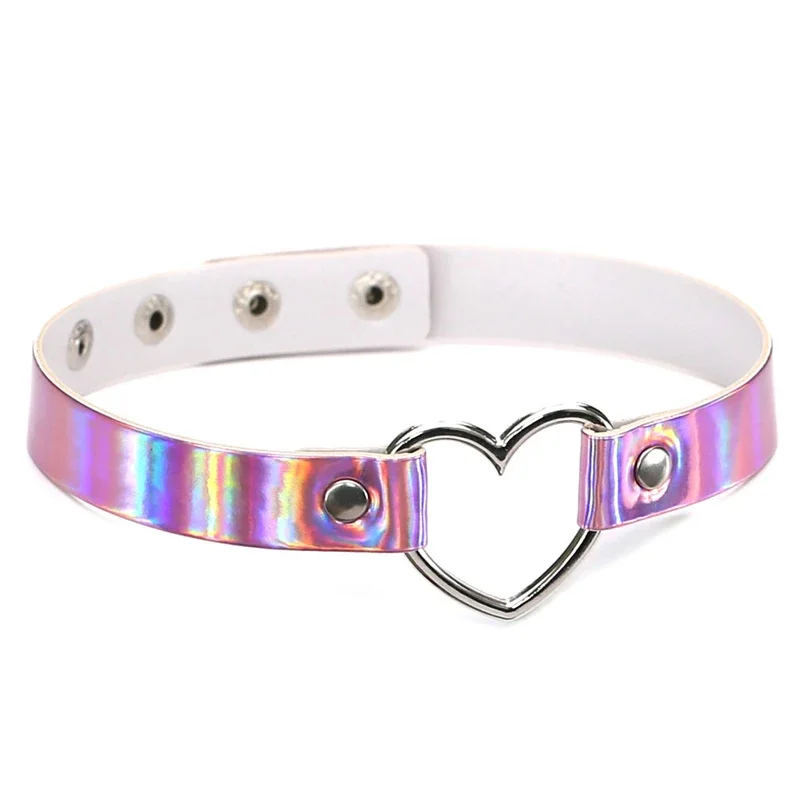 PU Leather Choker Necklace Gift For Women Holographic  Heart Metal Laser Collar Chocker Fashion Jewelry Colorful
