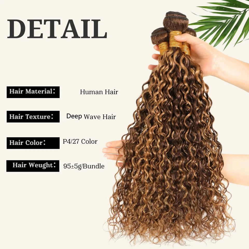 Paquete de cabello ondulado profundo con reflejos rubio miel, de 22 pulgadas, P4/27 ombre, mojado y ondulado, color marrón con reflejos 6