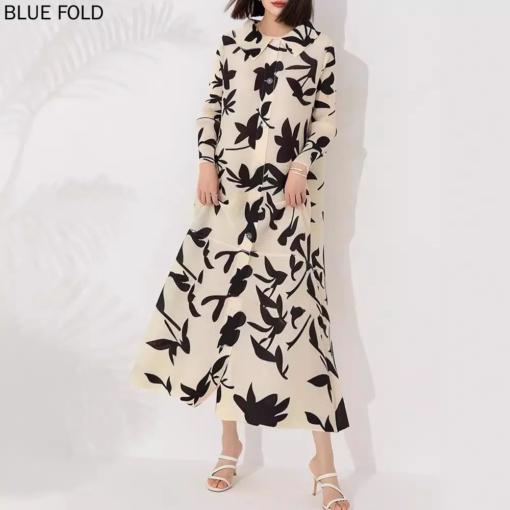 

MIYAKE Pleated Fashionable Long Dress Women New High-end Temperament Printed Loose Large Size Lapel Single Breasted Long Sleeves