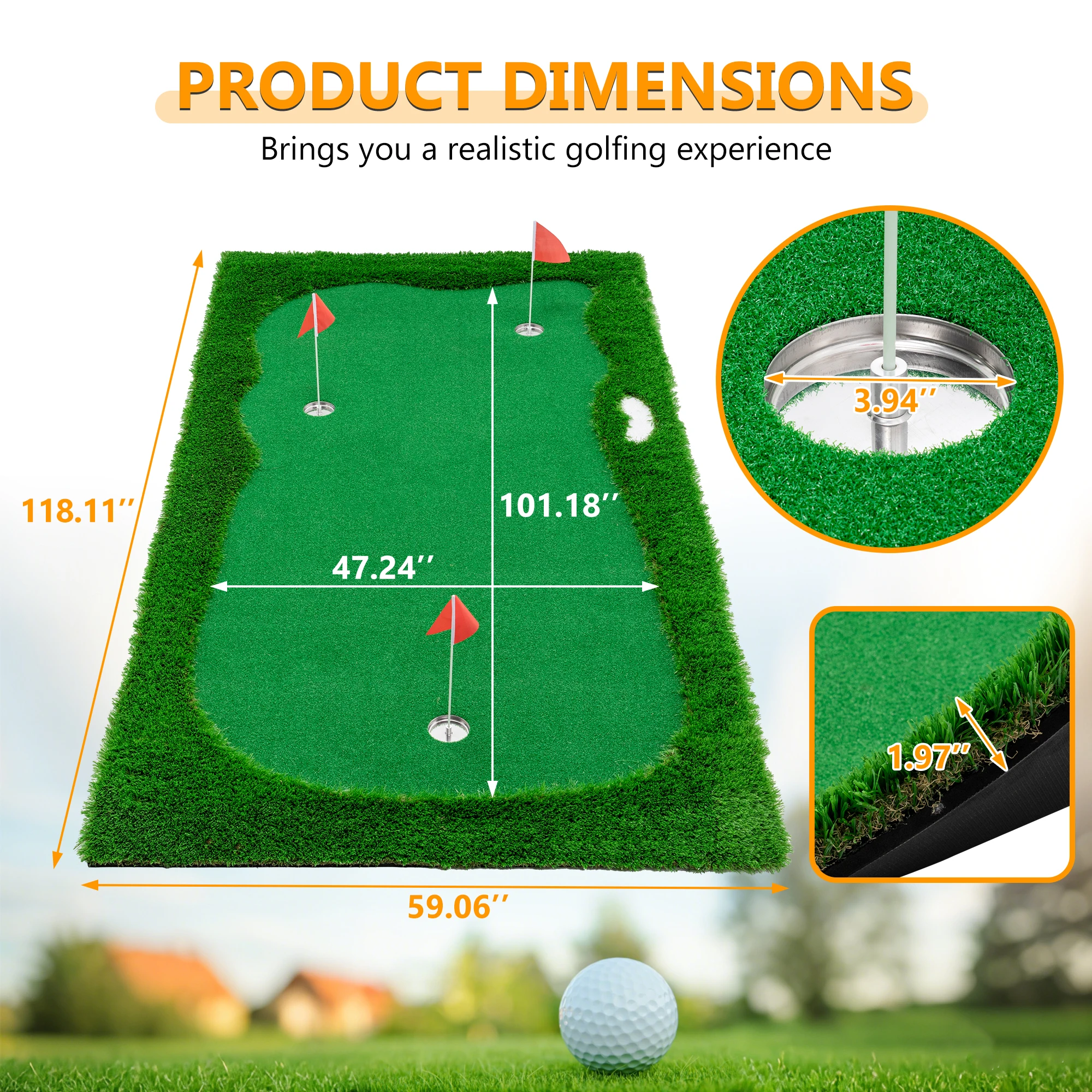 

10x5 FT Golf Putting Green - Premium Turf Training Mat with 3 Holes & Flags for Indoor/Outdoor Practice