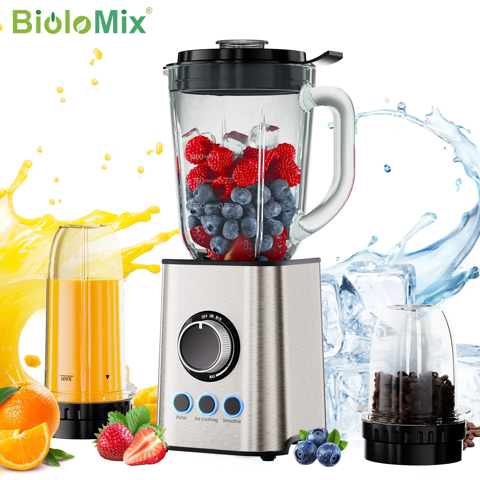 BioloMix Máquina para batidos 3 en 1, licuadora personal de 1300 W con cuchillas de acero inoxidable, molinillo de alimentos para bebés, máquina para hacer jugo