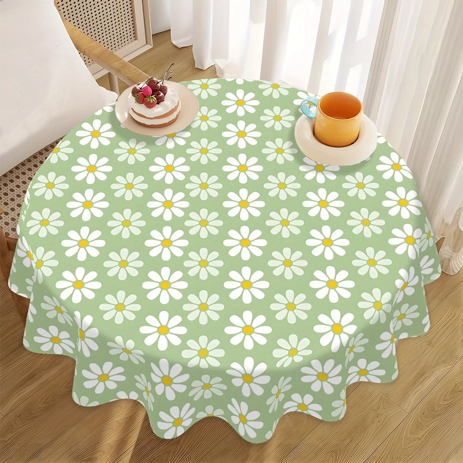 One simple style daisy-pattern tablecloth, 62-inch round, 100% polyester fiber, suitable for the dining tablezyc
