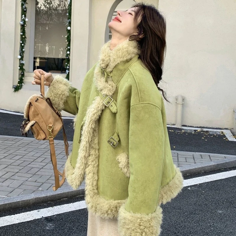 

2025 Winter Fall Women Fur Patchwork Thick Warm Green Suede Jacket Coat , Woman Stand Collar Fashion Jackets Coats