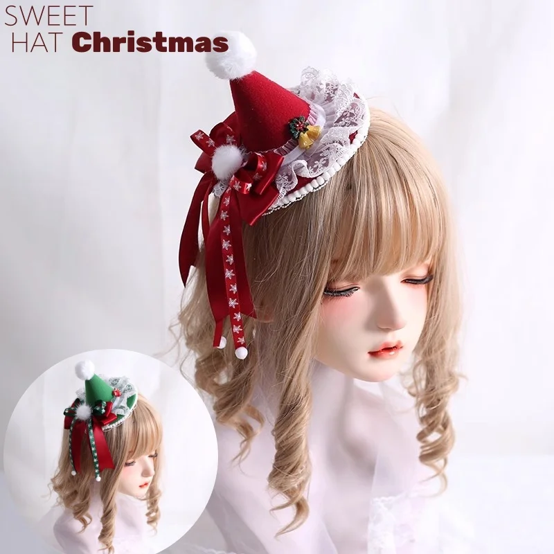 

New Original Handmade Christmas Hat Sweet Cute Lolita Lace Furball Big Bow Hair Clip Christmas Small Gift Hat