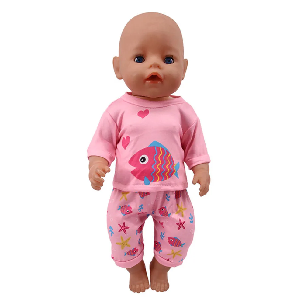 Zomer set met korte mouwen en dierenpatroon jumpsuit pyjama voor 43 cm babypop en 18 inch Amerikaanse popaccessoires, onze generatie cadeau