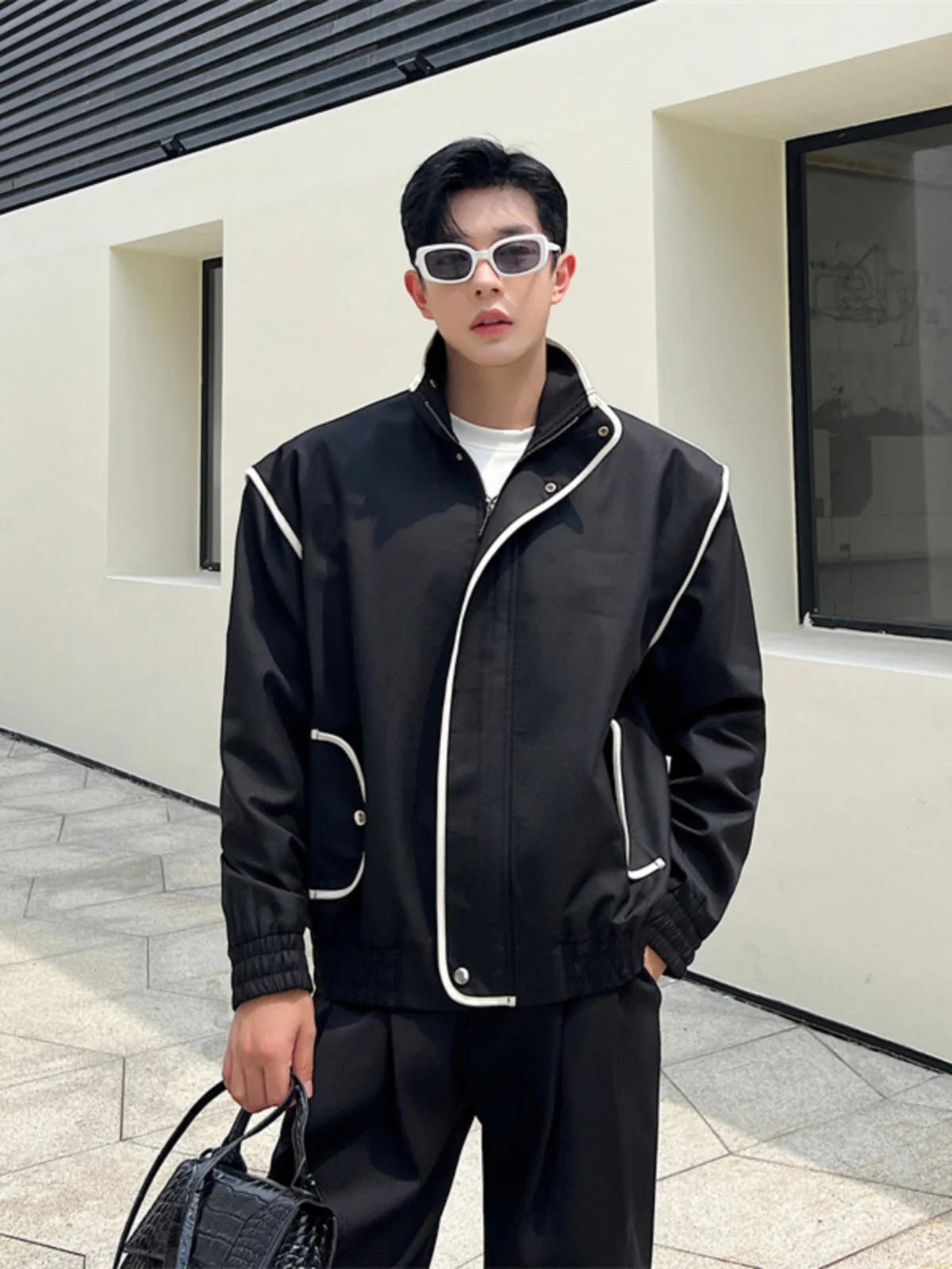 Autumn New Style Korean Version Trendy White Line Contrast Design Jacket Men's  Sport Cool Casual Outerwear
