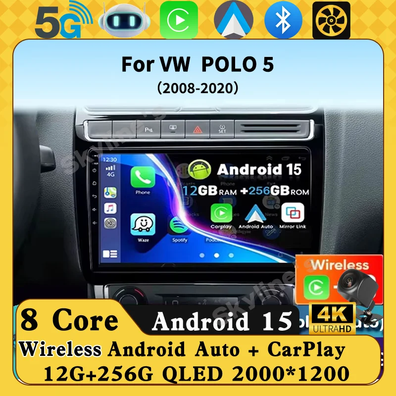 Radio Multimedia para Auto Android 16 para VW Volkswagen POLO 5 2008 - 2017 Vento, Carplay Inalámbrico, Estéreo para Auto, 48EQ DSP, No 2 Din