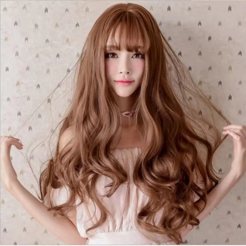 

Long Curly Hair Wig for Women with Air Bangs, Long Straight Hair, Bob Style, Internet Celebrity Collarbone Hair, Invisible Seaml
