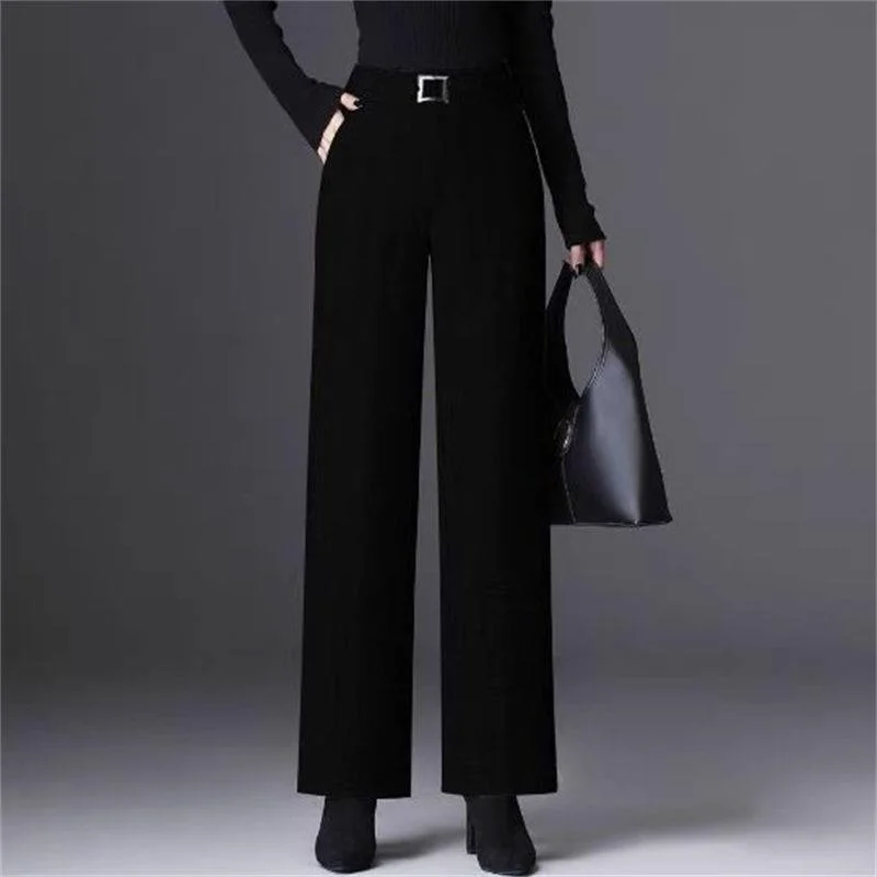 Zimowe Nowe Damskie Grube Wełniane Spodnie z Szerokimi Nogawkami, Wysoki Stan, Luźny Krój, Wyszczuplające, Uniwersalne, z Efektem Drapowania, w Jodełkę, Casualowe, Proste Spodnie