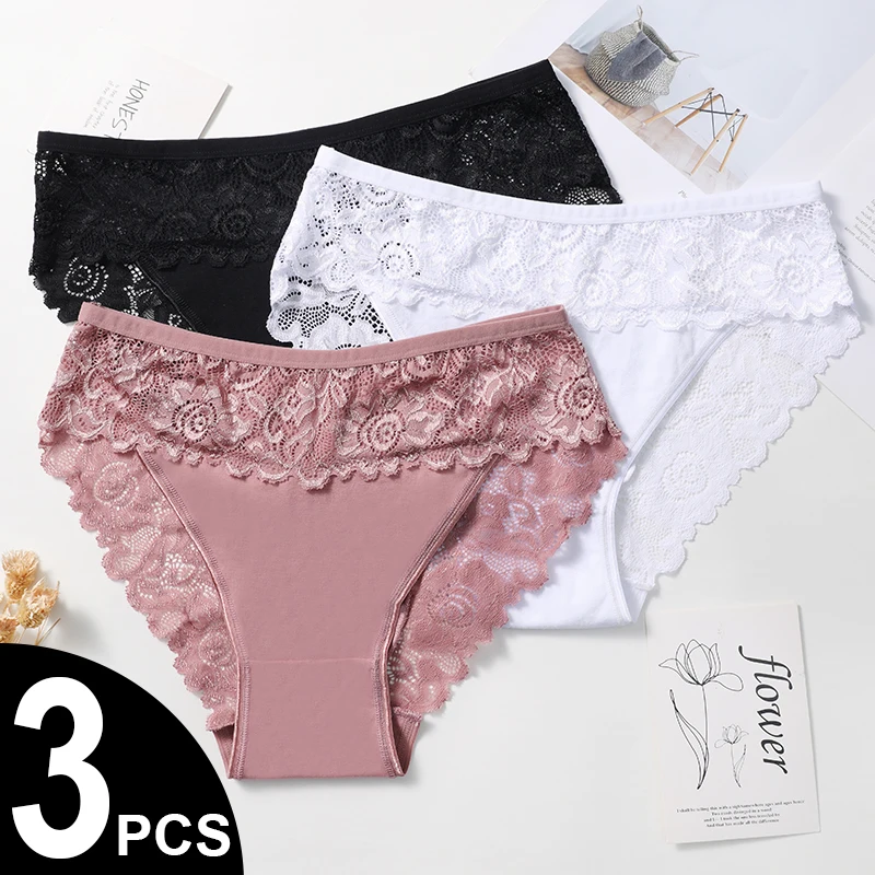 3PCS/Set Lace Cotton Patchwork Panties Women Briefs Solid Color Floral Embroidery Women Briefs Sexy 
