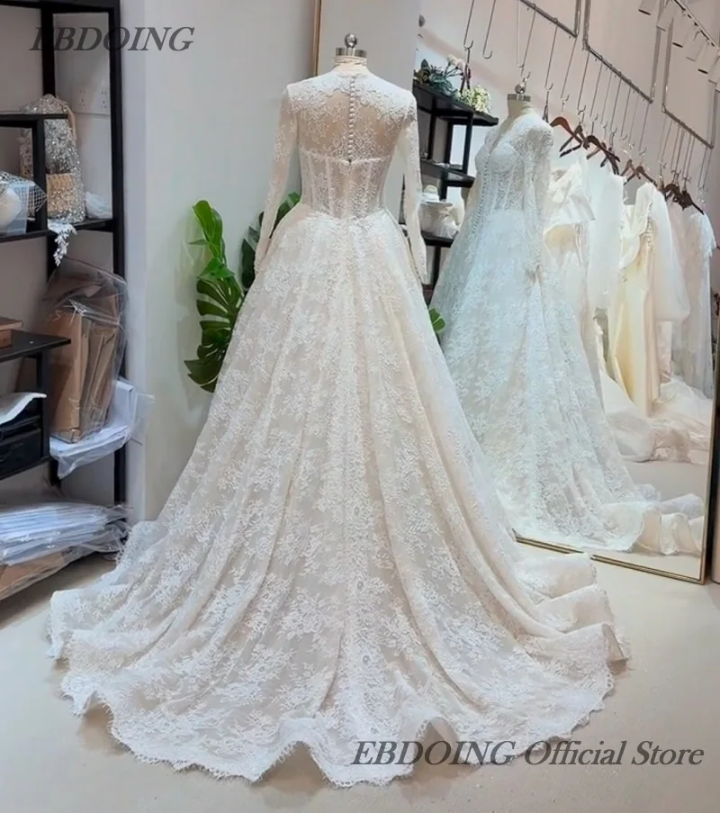 EBDOING Customized Wedding Dress A-Line Lace V-Neck Neckline Full Sleeves Basque Customized Bride Gowns