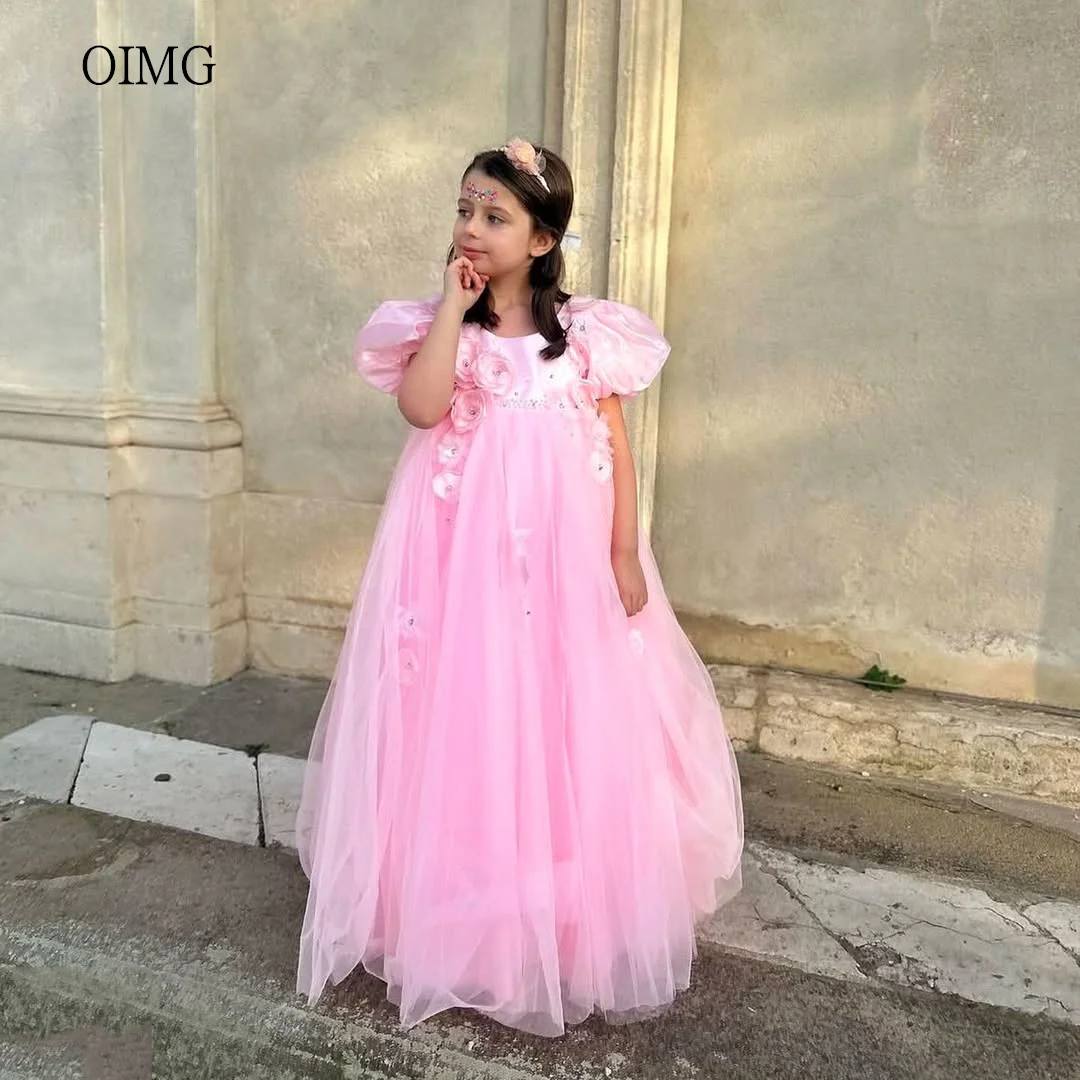 OIMG Pink Princess A Line Flower Girl Dresses Lantern Sleeves Gown Wedding Party Dress Tulle Tail Birthday Dress Customized