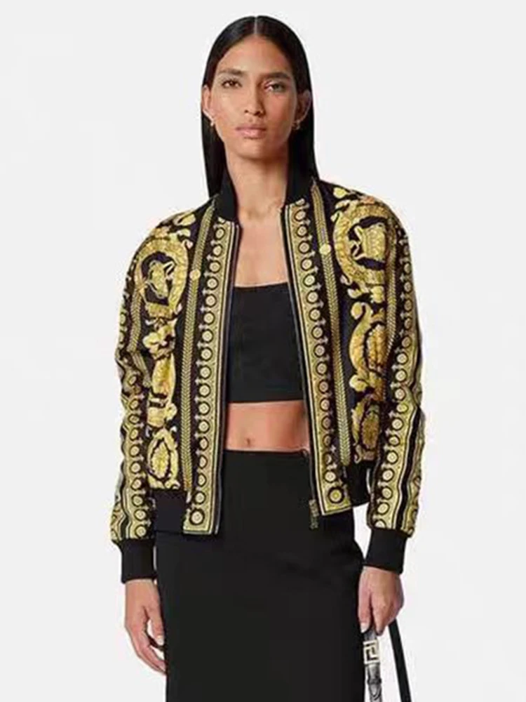 

Design retro geometric printed stand collar double-sided cotton jacket 2024 autumn women's new fashion all-match cotton jacket