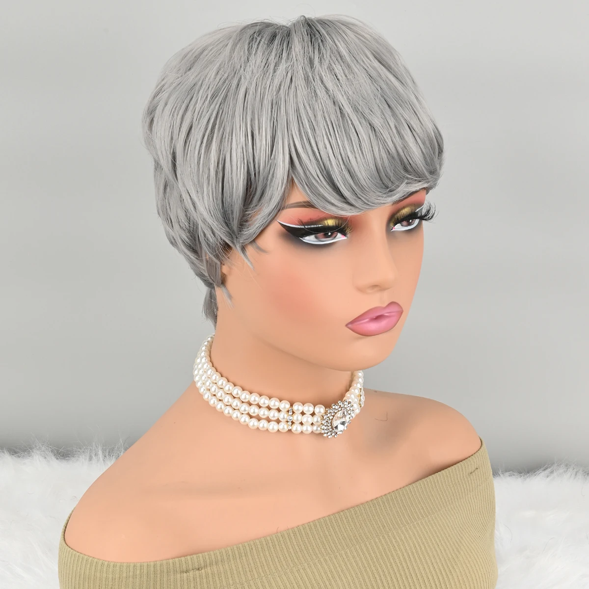 باروكات رمادية للنساء السود، باروكات صناعية قصيرة، باروكات قصيرة مجعدة، شعر قصير مع غرة للنساء ذوات البشرة السمراء، شعر مستعار قصير بيكسي #5