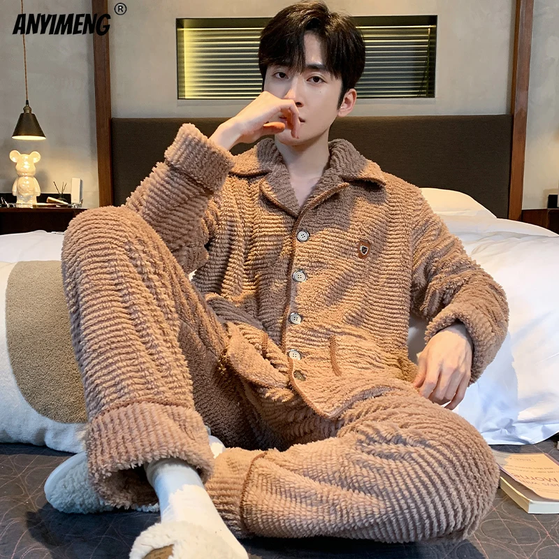 Elegant Mens Winter Thermal Pajamas Set L-4XL Turn-down Collar Teddy Sleepwear Thick Coral Pijamas Set Long Sleeves Men Homewear