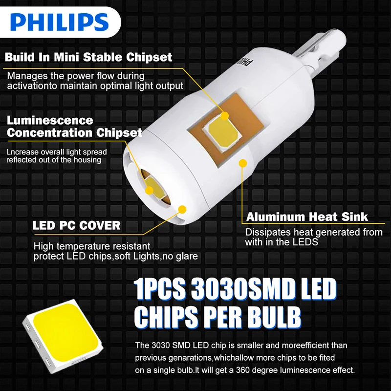 فيليبس Ultinon Pro12961 LED T10 W5W 6500K أبيض بارد نمط جديد سيارة الداخلية/وقوف السيارات ضوء بدوره إشارات مصابيح 11961CU31B2 ، زوج