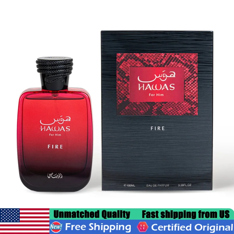 

Original Arabic Perfumes Rasasi Hawas Fire Eau de Parfum 3.4 Oz Premium Unisex Crisp Mineral Aquatic EDP Pheromones Spray 100ml Portable Luxurious Lasting Clary Sage Marine Jasmine Ambergris Cologne for Spring Summer Outdoor & Casual Daily Wear