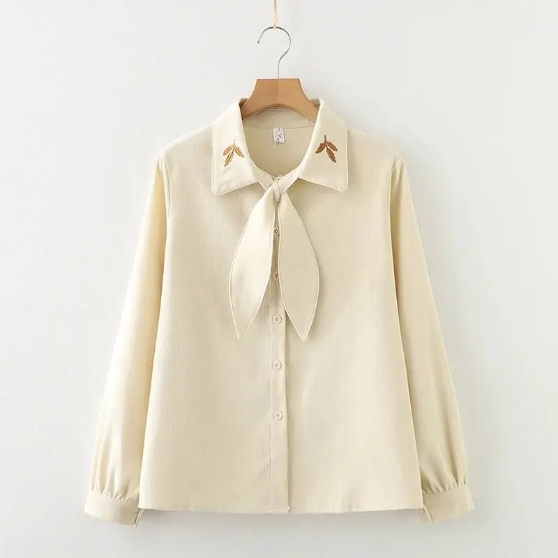 

Corduroy Rabbit Ear Bow Tie irt Women's Autumn Winter New Gentle Sweet Profional Commute Embroidery Top Korean Loose Fit...