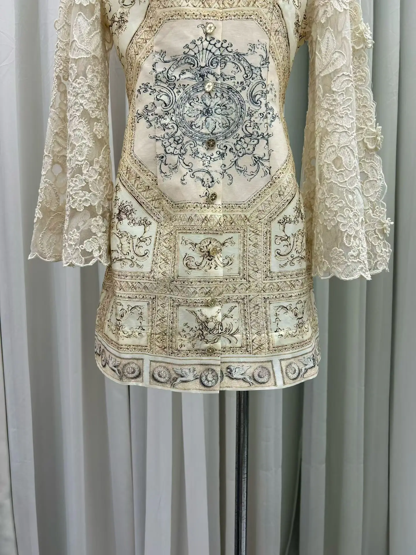 2026 Women Retro Print Shirt Dress Lace Embroidery Flare Sleeve Stand Collar Single Breasted Vintage Ladies Mini Robe