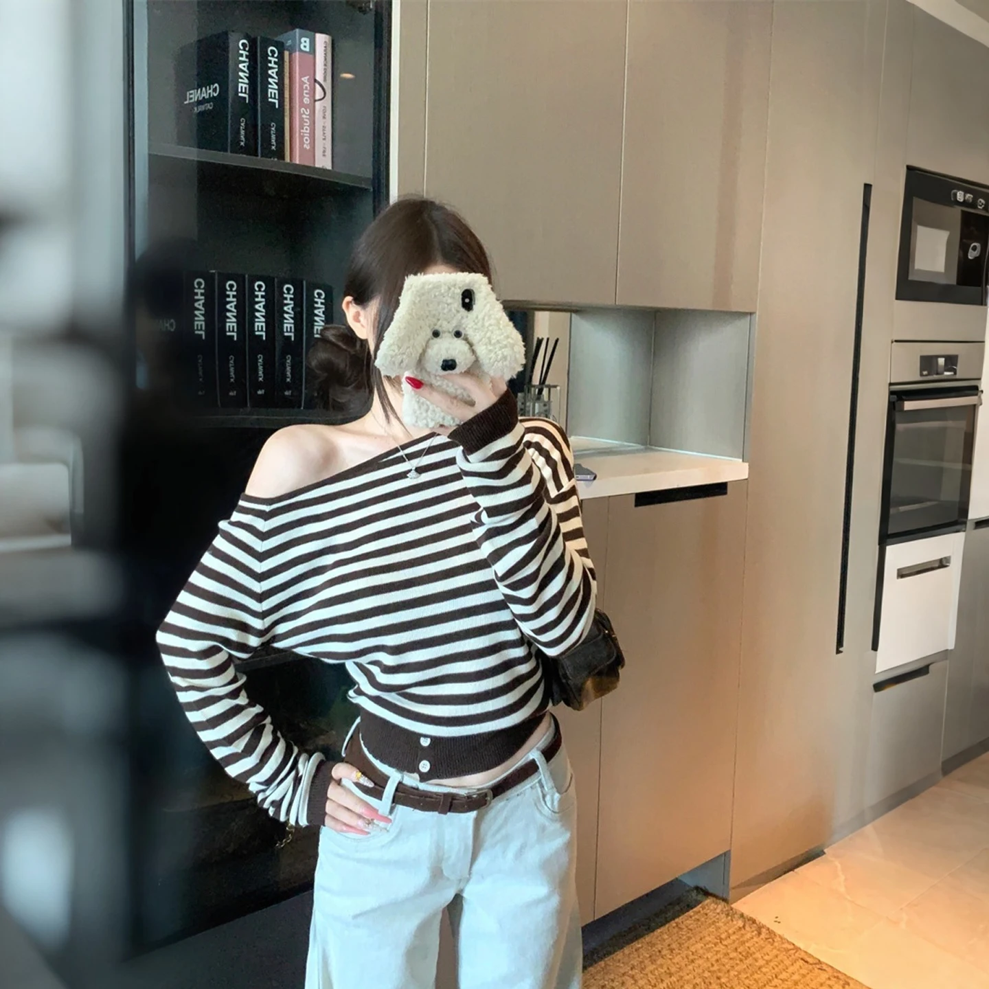 Ladies' Knitted Stripe T-Shirt Shoulder Bared Long Sleeve Lazy Style Korean Fashion Early Autumn Slimming Top City Walk Commu...