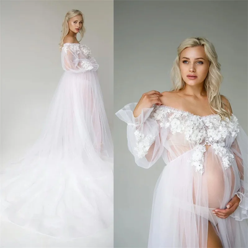 

White Maternity Dresses for Photo Shoot 3D Flower Appliqued Beads Full Sleeves Baby Shower Pregnant Custom Made Women Prom Gown