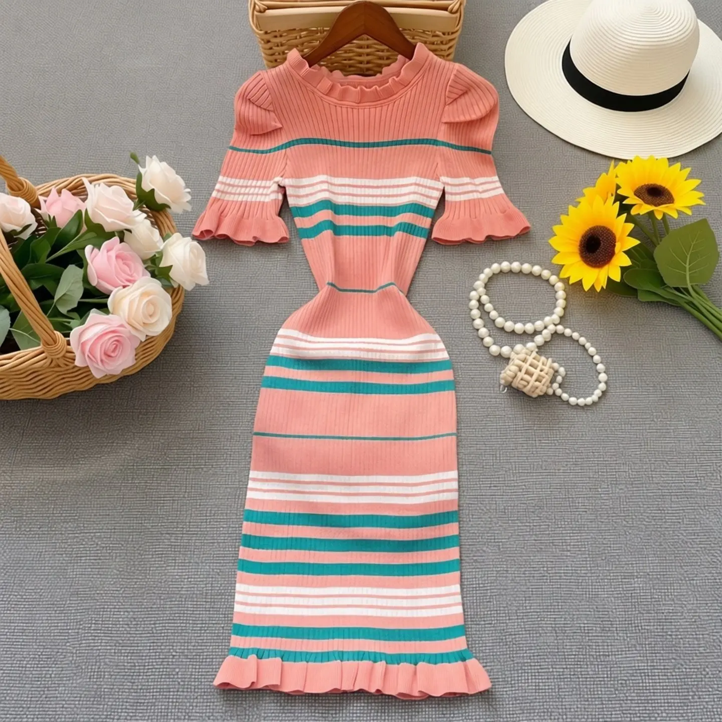 YuooMuoo 2026 Frühling Sommer Kurzarm Strickkleid für Damen Lässiges Allround-Kleid Figurbetontes Elastisches Damenkleid Streetwear-Outfit