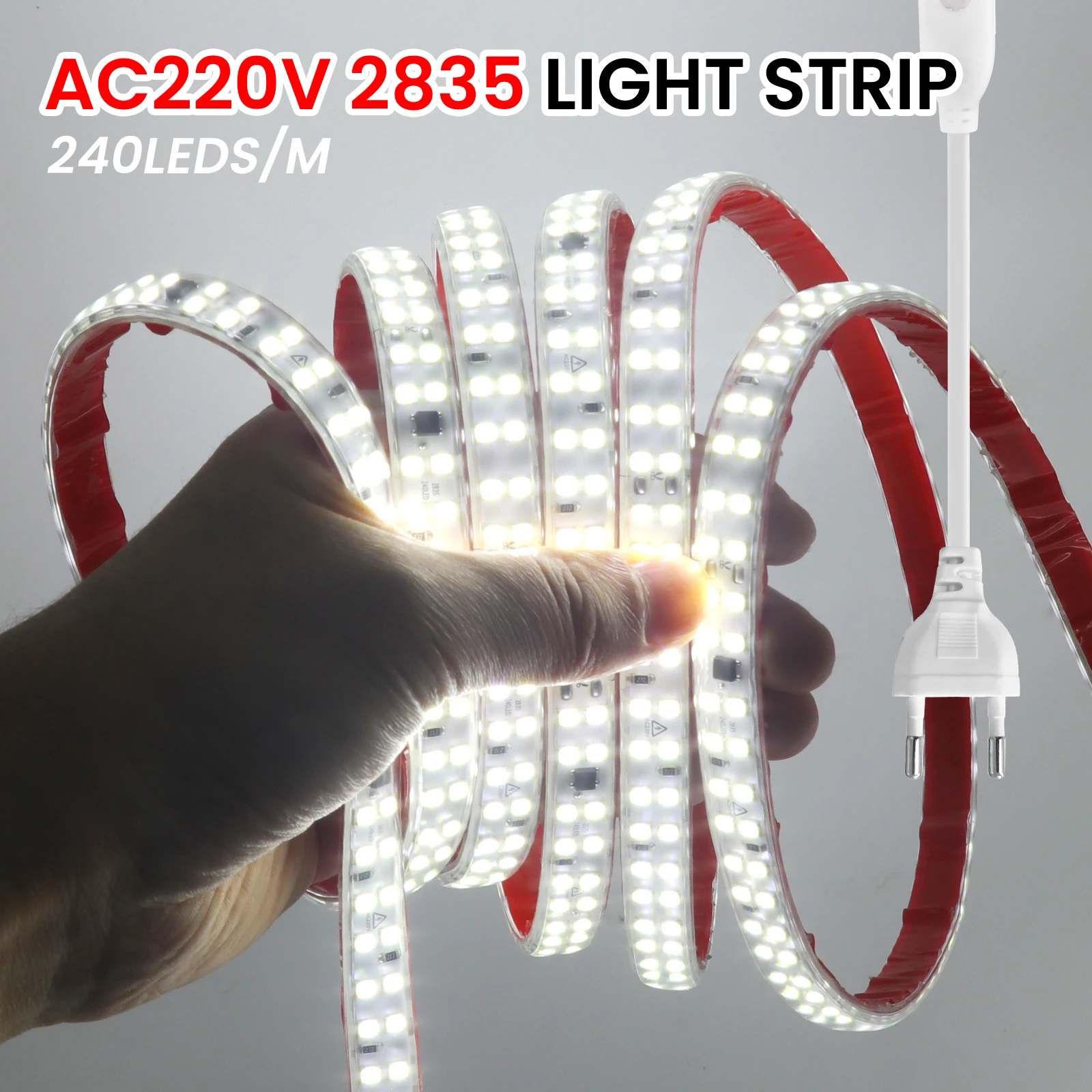 2835 LED Strip Light High Brightness EU Plug 220V 240Leds/m Waterproof Flexible LED Tape 3000K 4000K 6000K 10CM Cut Ribbon Diode