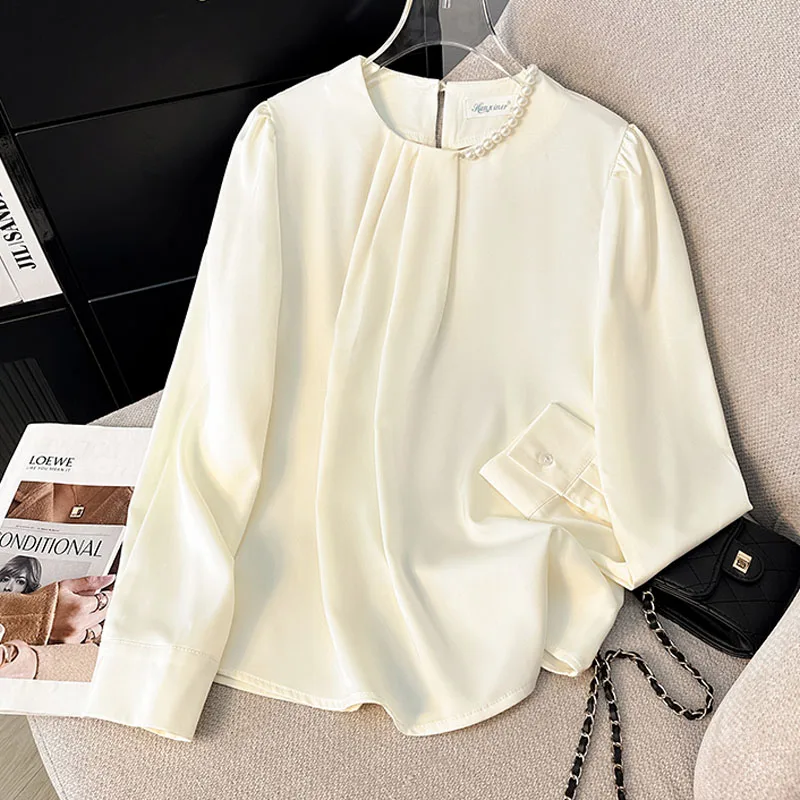 

Women Blouse Shirt Fashion Long Sleeve O-Neck Beading Elegant Blouse Shirt Women Tops Blouses Shirts Blusas Para Mujer 2025 Q525