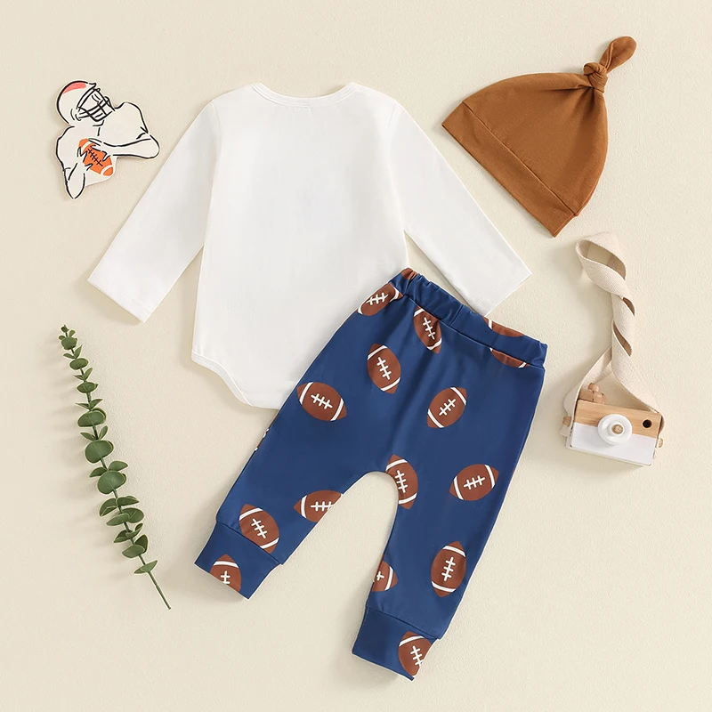 Lioraitiin Autumn Baby Boy Fall Outfit Letter Print Long Sleeve Romper with Football Pattern Pants and Hat 3 Pcs Set