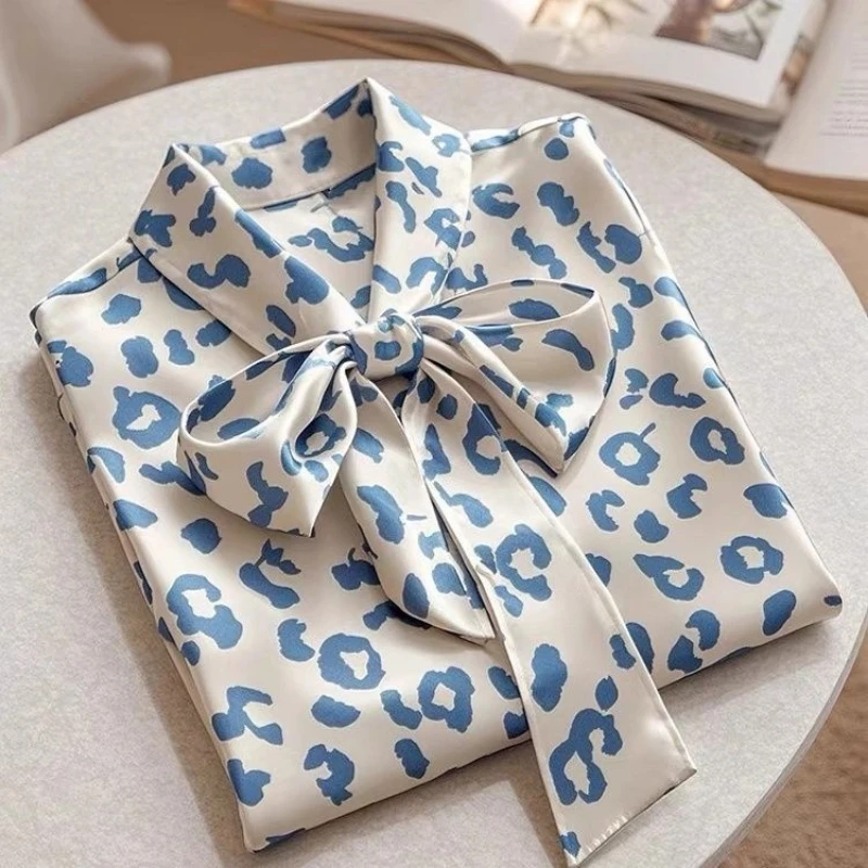 

Temperament Bow Lacing All-match Blouse Spring Autumn New Long Sleeve Print Loose Elegant Shirts Vintage Fashion Women Clothing