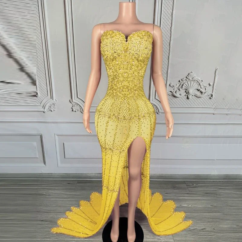 Women Evening Tailed Dresses Full Rhinestones Party Dress Singer Catwalk Outfit Festival Costumes Stage Wear