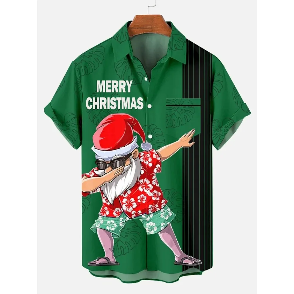 2024 camisa informal de Navidad con solapa, Tops, ropa para hombres, camisa hawaiana de moda navideña para hombres, camiseta de manga corta con estampado 3d