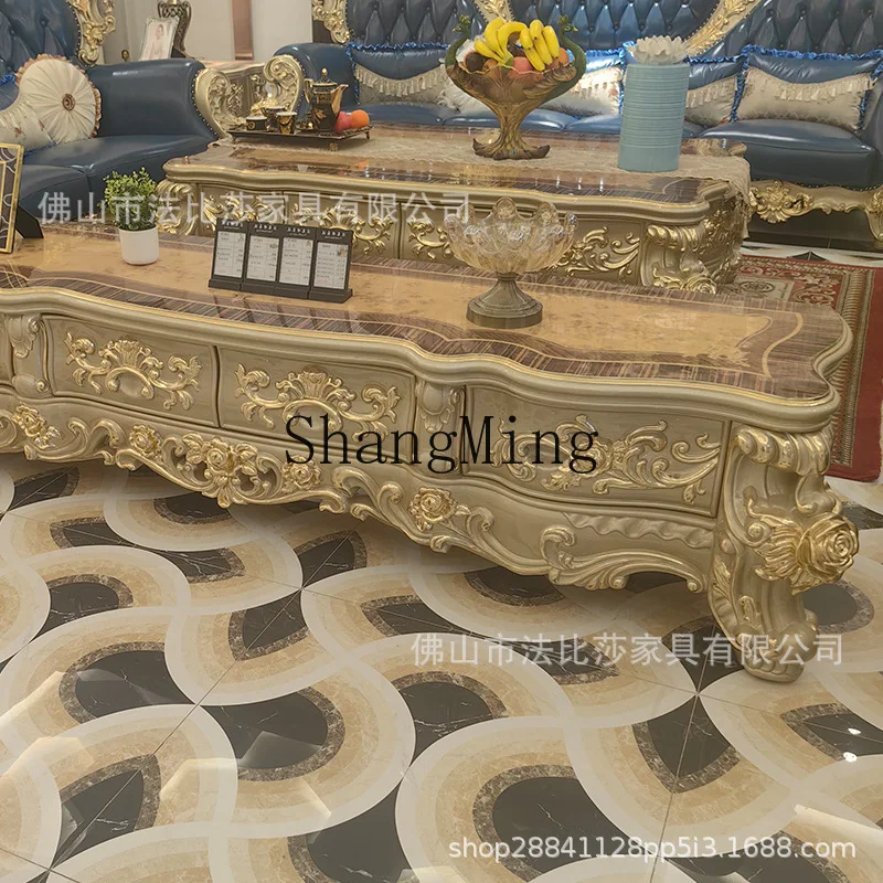 

CL Rectangular Decal Wood Surface Solid Wood Coffee Table TV Cabinet Set Carved Luxury Living Room Champagne Gold Foil