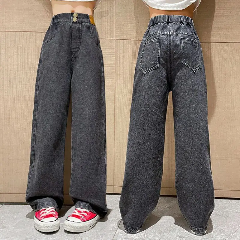 Spring Autumn Teenage Girls Jeans Leisure Fashion Wide Leg Pants Kids Child High Waist Trousers 6 9 8 10 12 14 Years Old