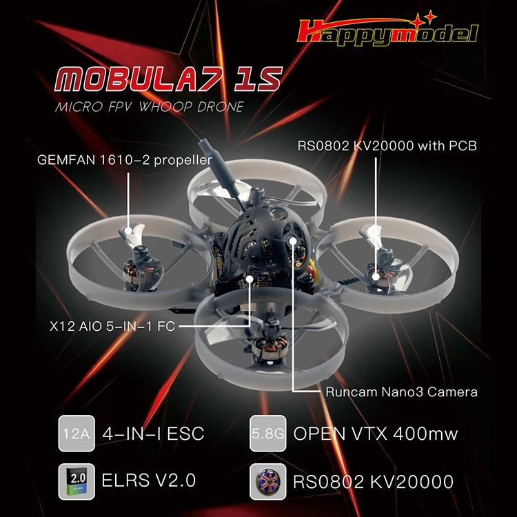 Happymodel Mobula7 Mobula 7 1S Micro FPV BWhoop Drone 5IN1 AIO Flight Controller Built-in 2.4G ELRS RX Nano3 1/3 CMOS